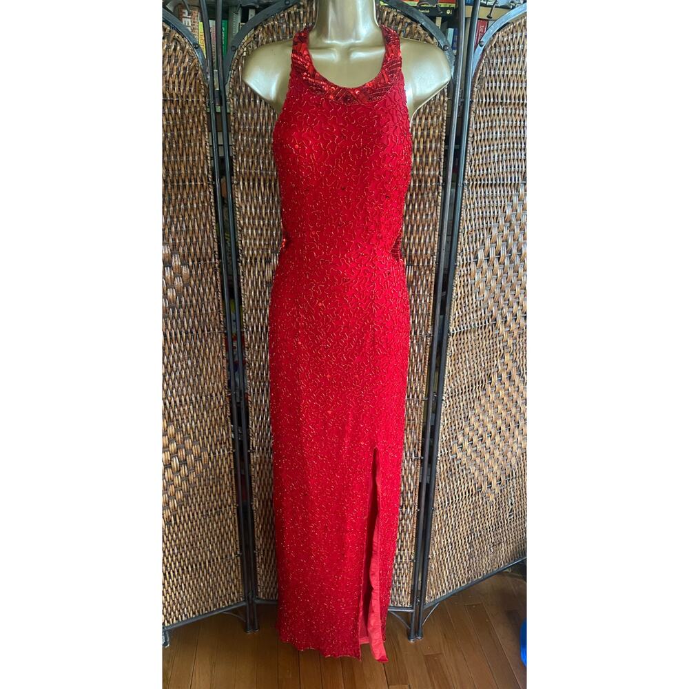 Size S//Vintage 90s Red Beaded Floor Length Evening Gown